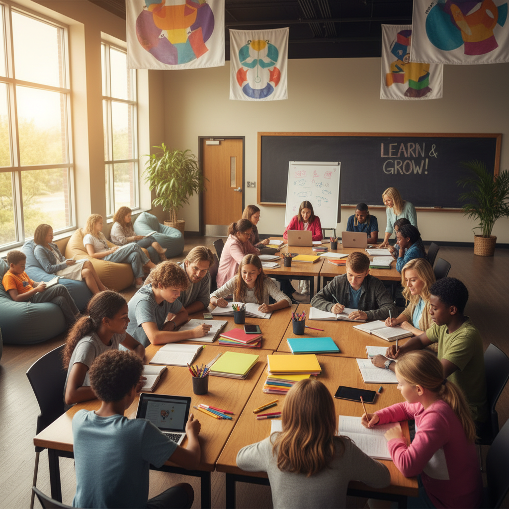 Students studying with tutors in a warm community center setting