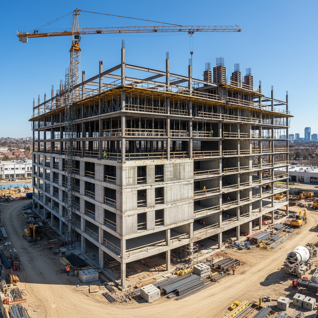 New commercial building construction showing concrete foundation and structural framing progress