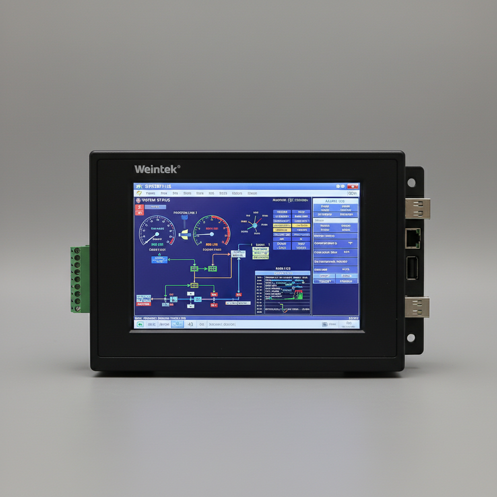 Sistema de control PLC con pantalla HMI activa mostrando proceso industrial, fondo oscuro técnico