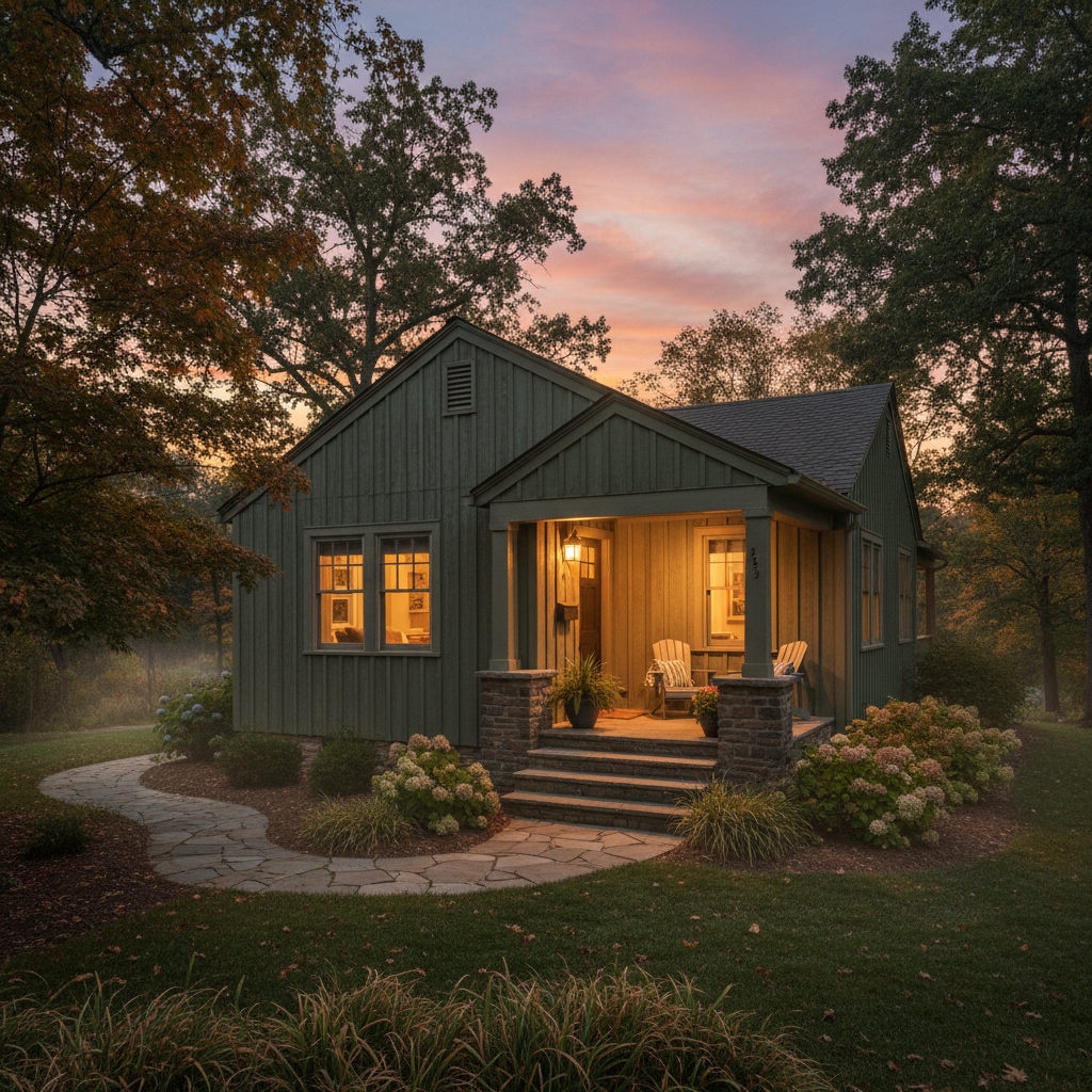 Beautiful Georgia home exterior at dusk, warm interior lighting visible through windows, suburban neighborhood, well-maintained landscaping