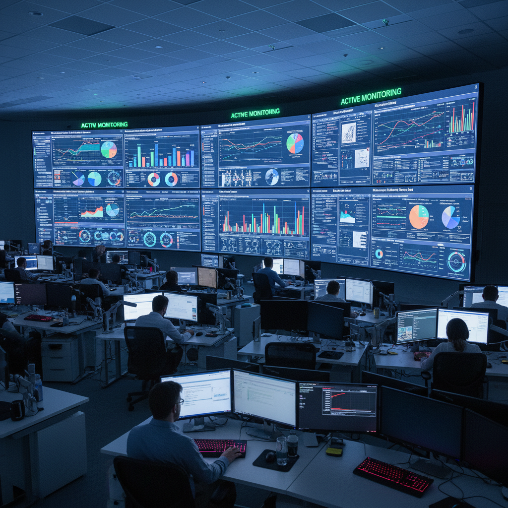 Security monitoring screens in dark control room