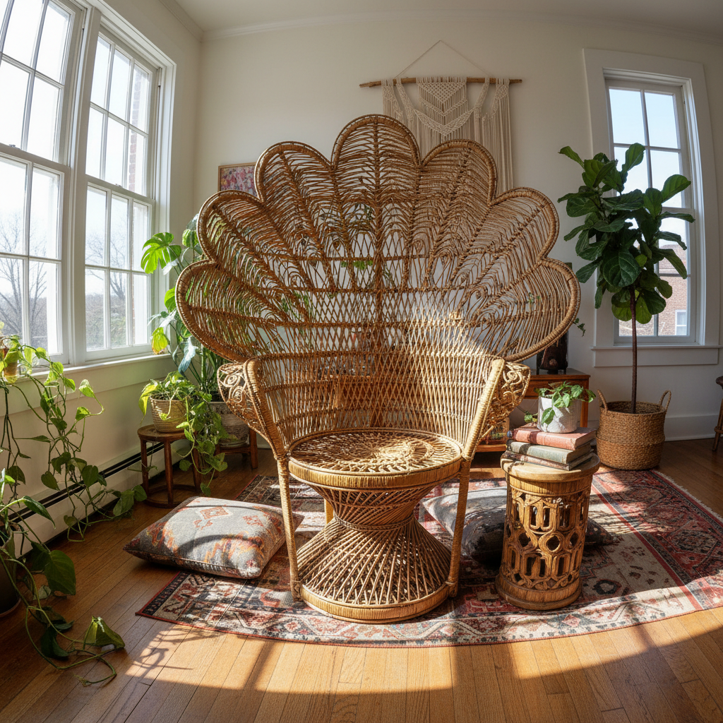 Large vintage wicker peacock chair with fan back in a sunlit bohemian room