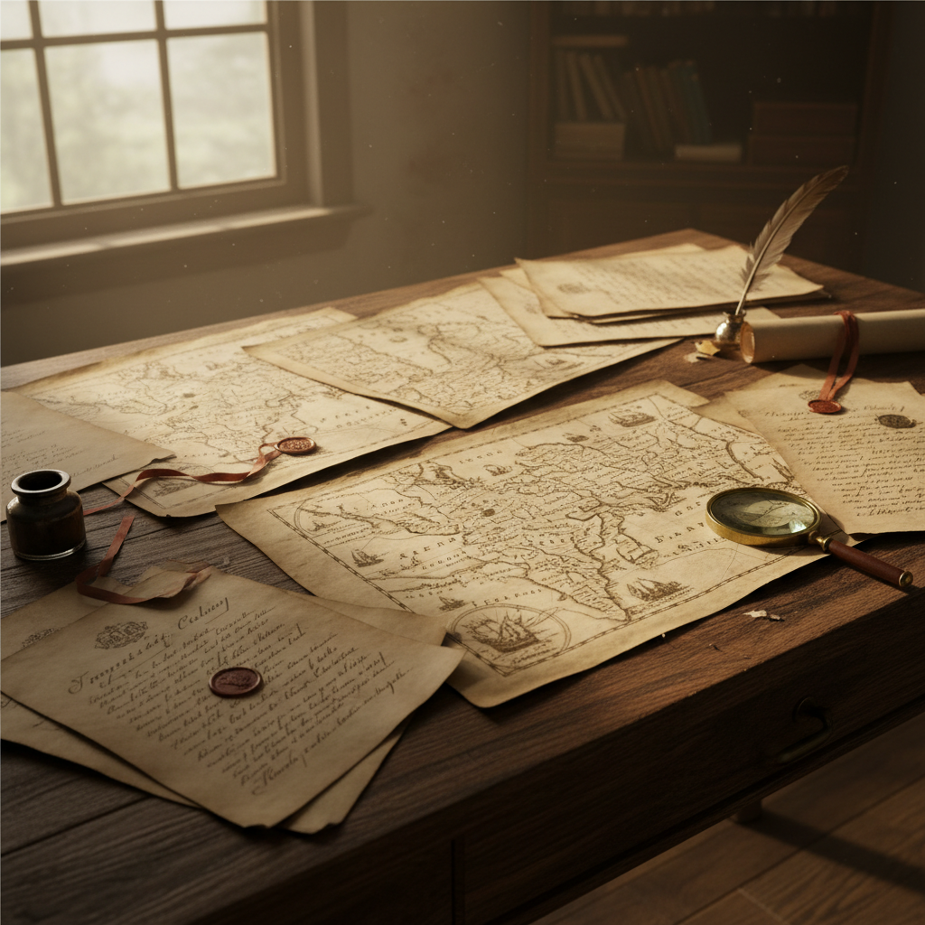 Vintage American historical documents and maps spread on a wooden desk