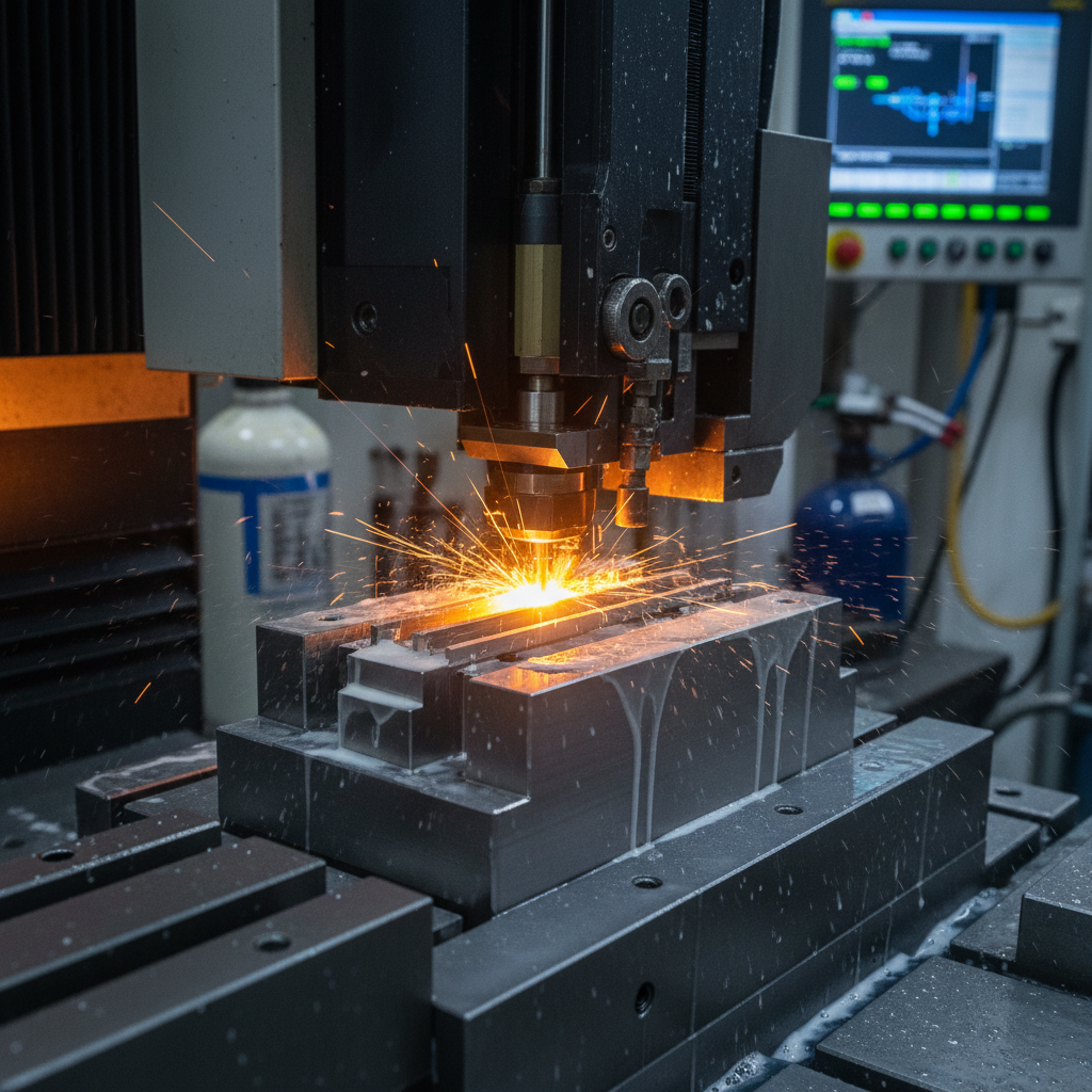 Wire EDM machine cutting precision die insert with dielectric fluid and amber spark glow on tool steel