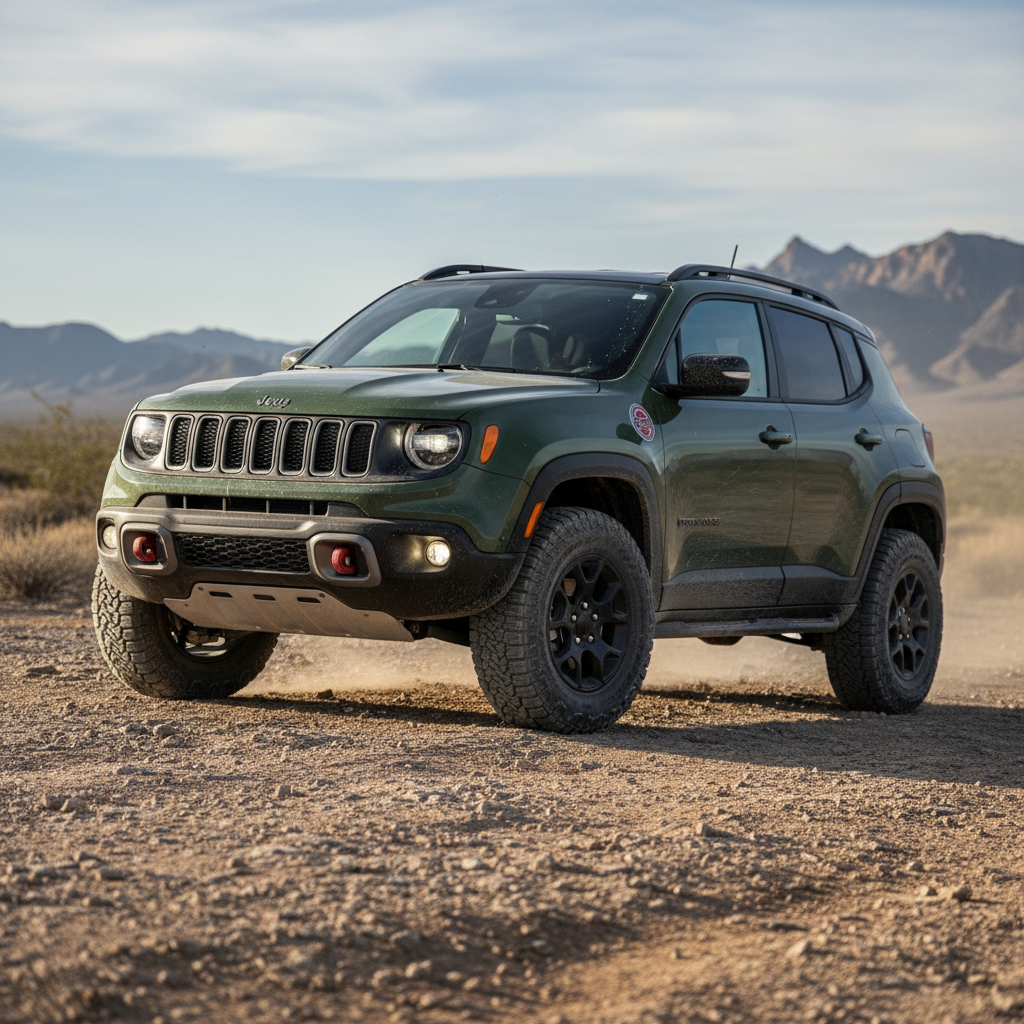 Jeep Renegade verde 2022 em terreno off-road com vegetação ao fundo