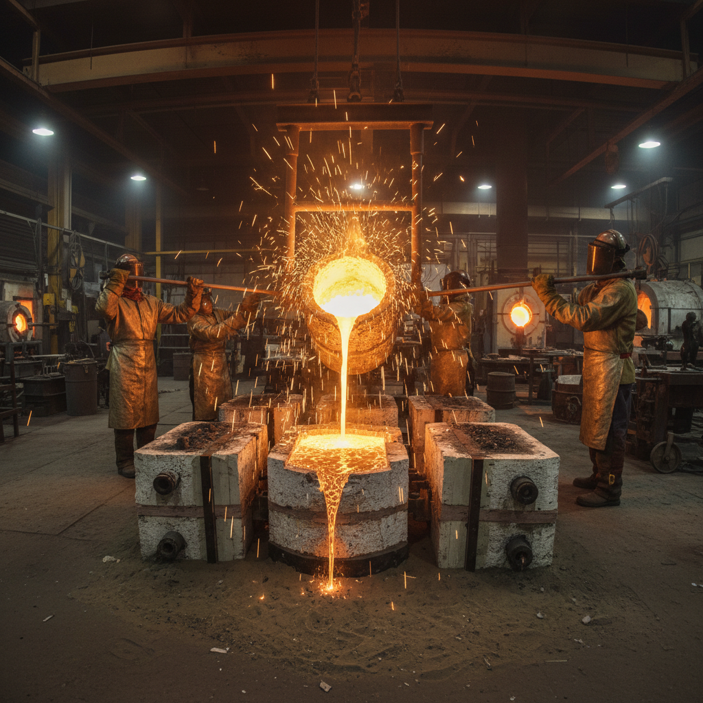 Bronze casting foundry with molten metal being poured into ceramic mould