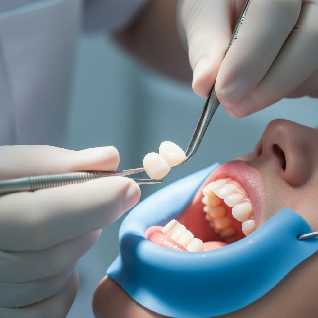 Dentist placing crown during procedure for reel content