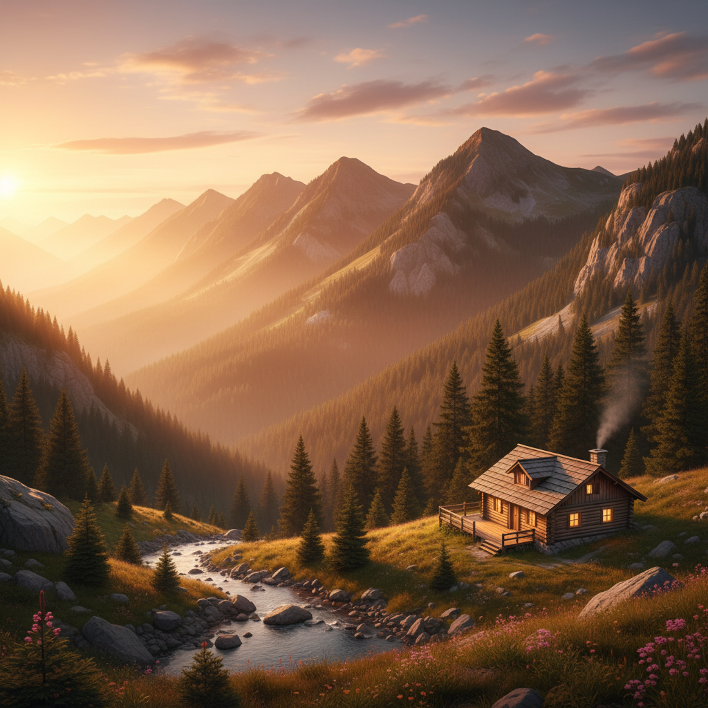 Wide mountain panorama at golden hour with a glowing cabin nestled in the lower-right third, three ridgelines receding into amber haze