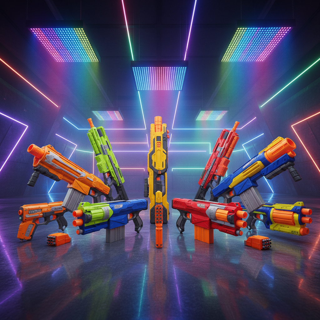 Neon arena with glowing blue and orange ship dodging enemy fire