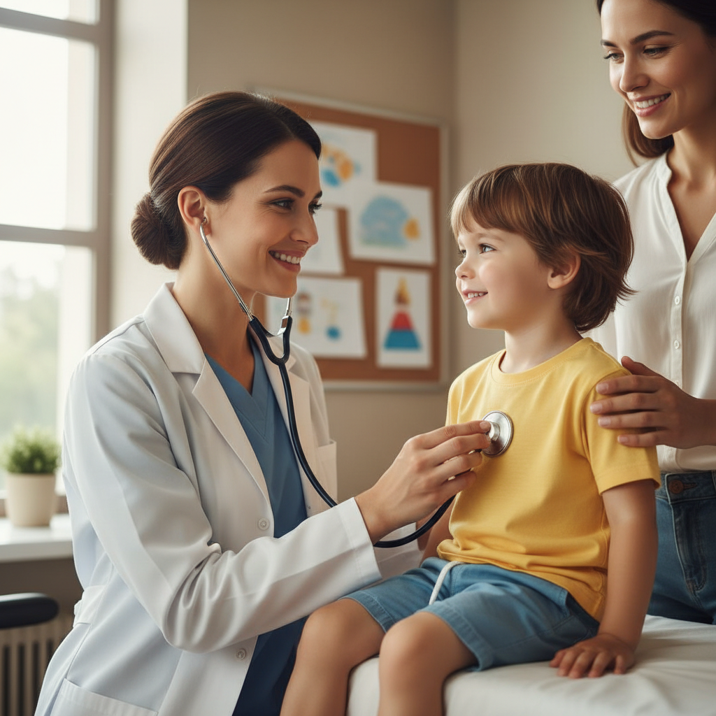 Doctor examining young child with parent present, all relaxed
