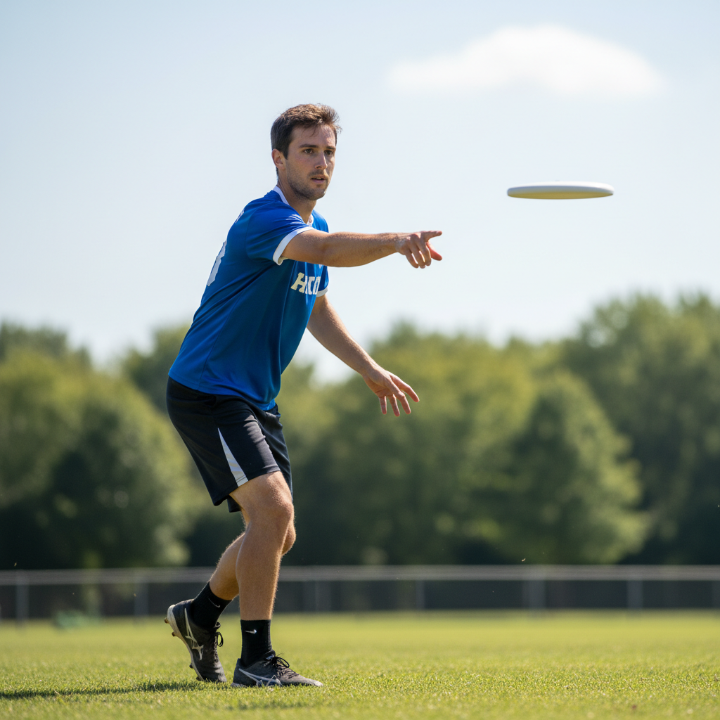 Same player with fluid balanced throwing form releasing a flat disc with proper follow-through