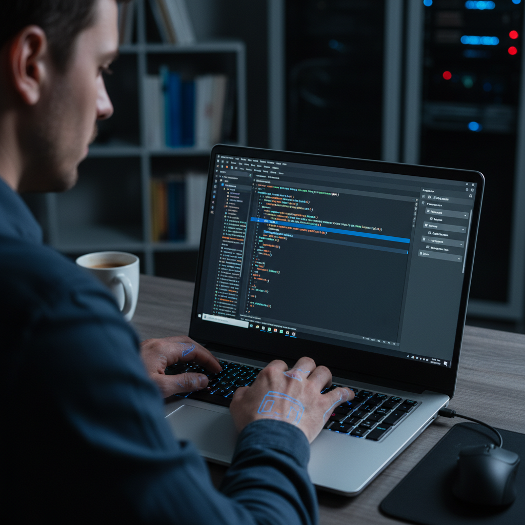 Code review session on laptop with dark theme IDE