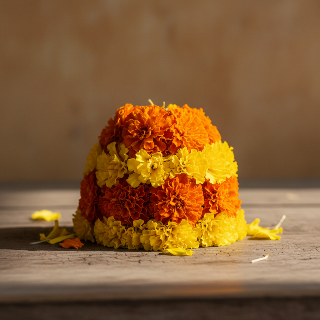 Small marigold temple flower arrangement on a wooden table