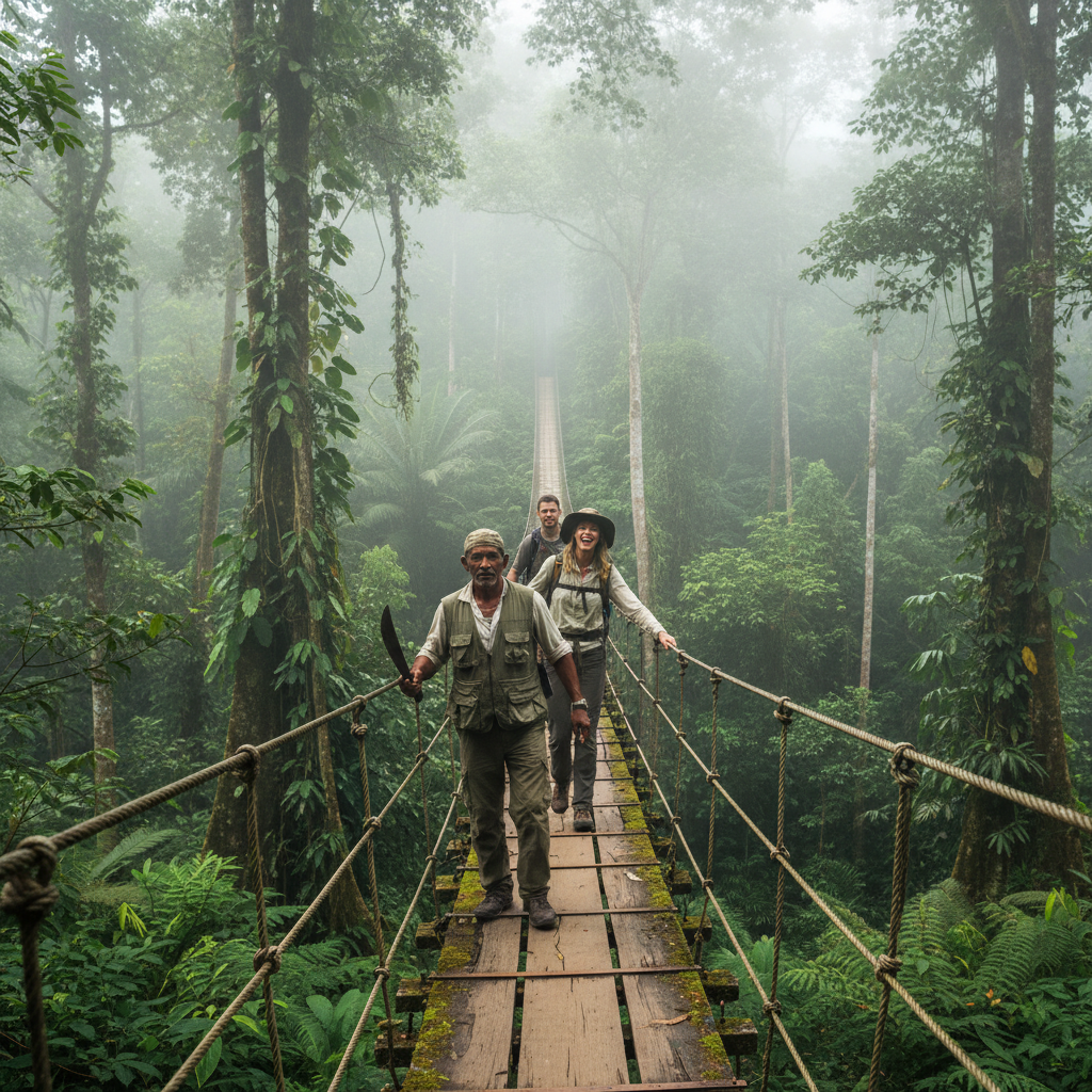 Three travelers crossing a hanging bridge over jungle canopy, one mid-laugh turning back toward camera, mist curling through treetops, local guide ahead with machete