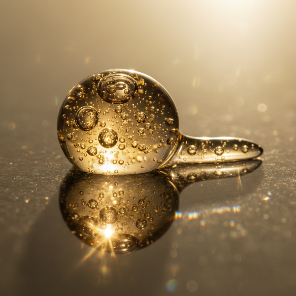 Close-up texture of vitamin C serum — golden translucent gel with light refraction