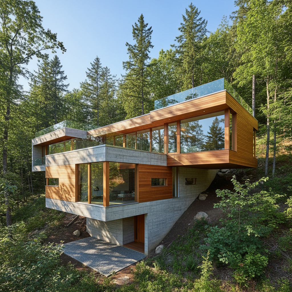 Modern Canadian residence nestled among tall forest trees with cantilevered timber decks and panoramic windows