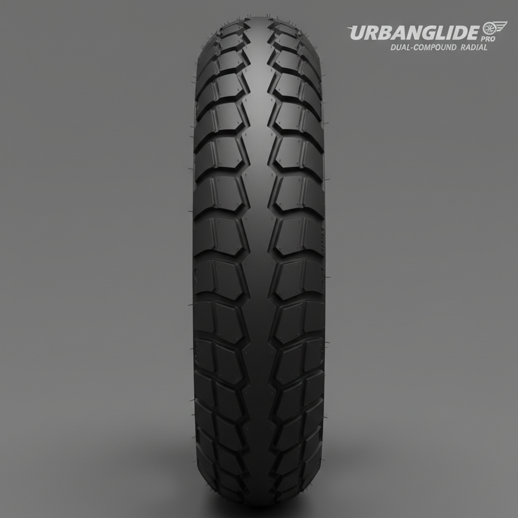 Motorcycle tire showing performance tread pattern for urban and highway riding