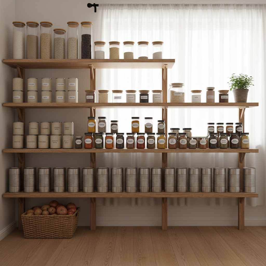 Organized pantry shelves with spices, grains, and canned goods