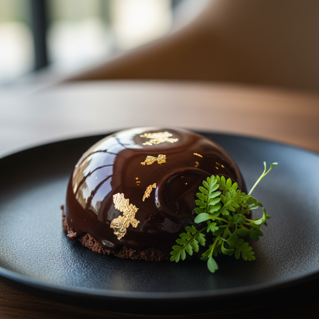 Chocolate dessert with gold leaf and microgreens on matte black plate