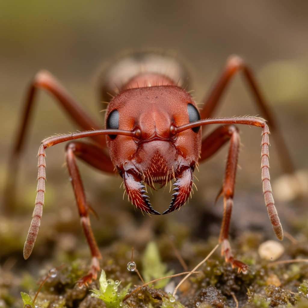 Macro photograph of a red fire ant showing mandibles and antenna in detail