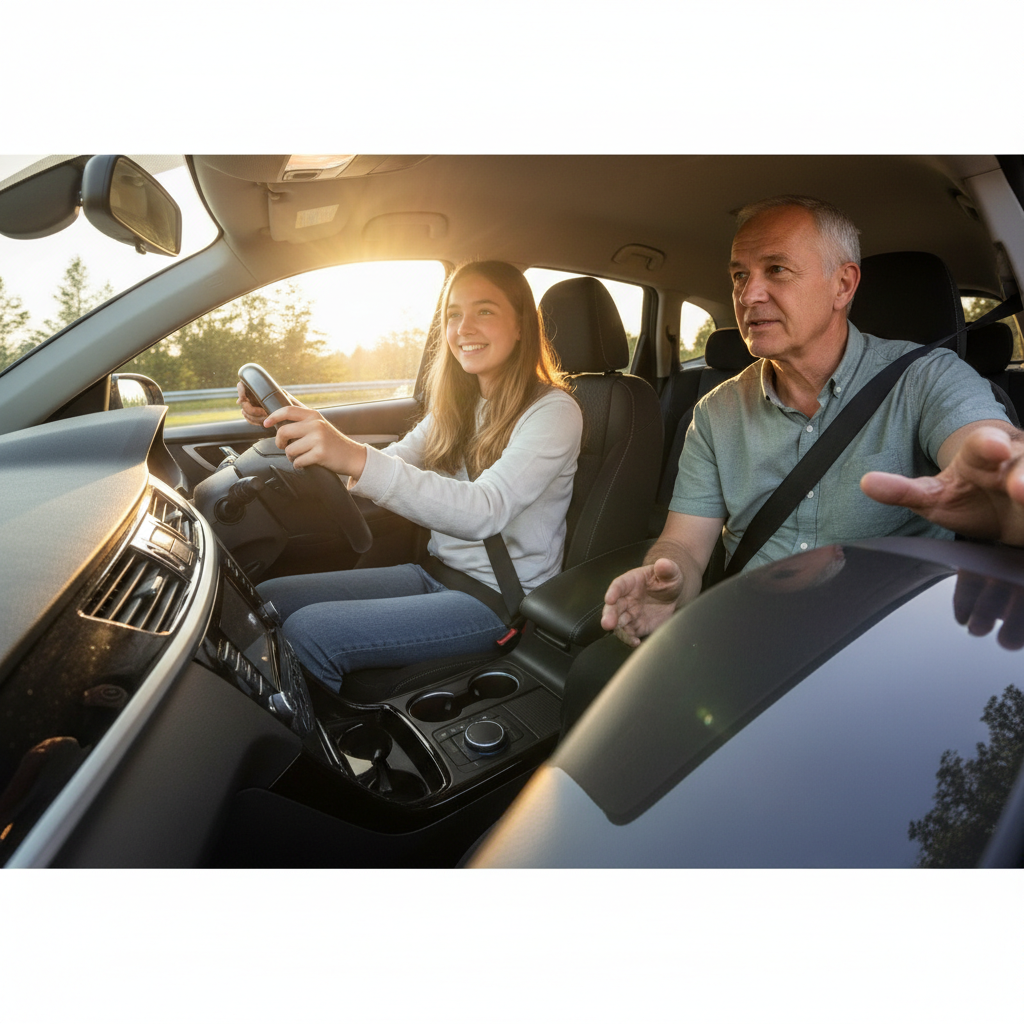Smiling teenage girl at the wheel of a car during a golden-hour driving lesson, instructor beside her