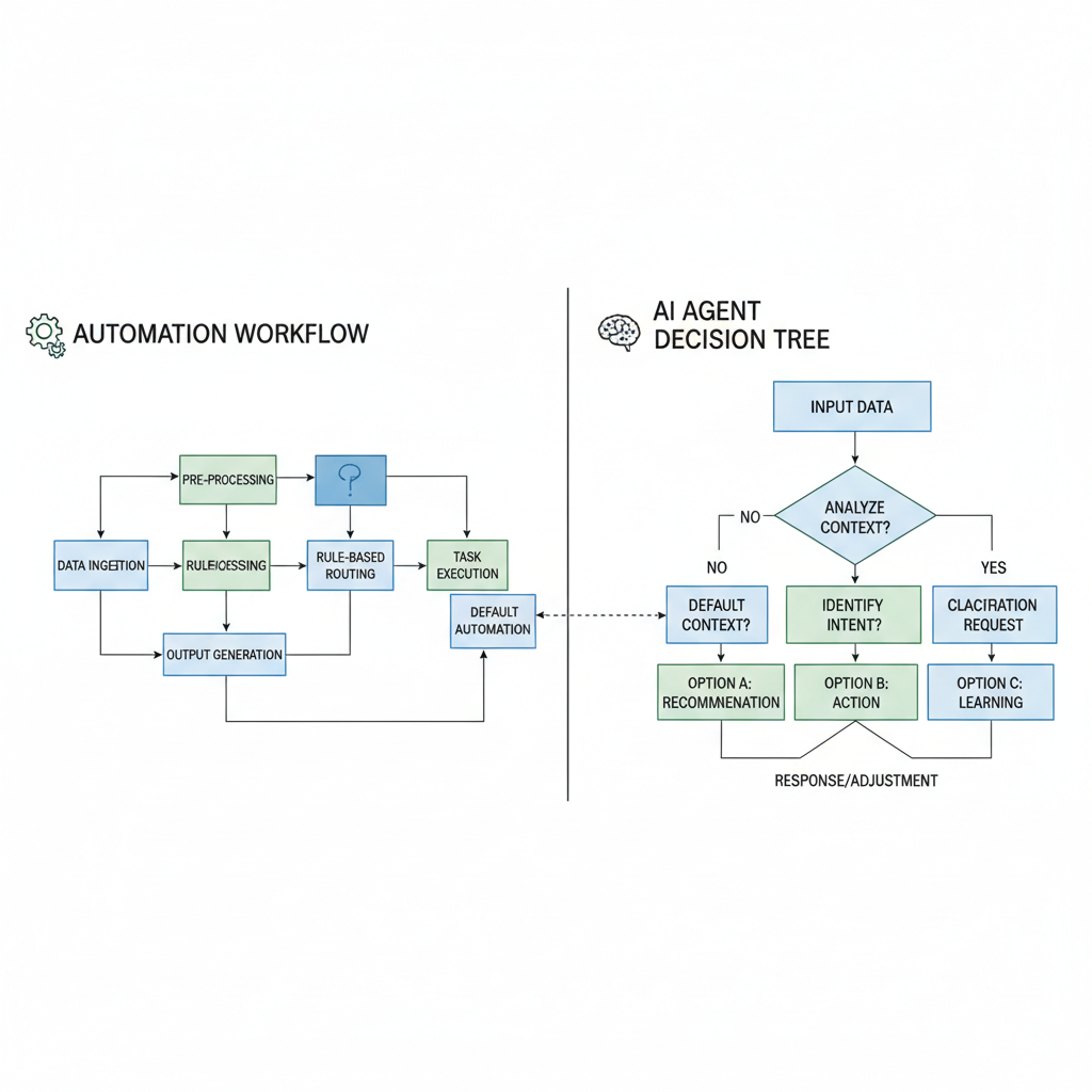 Split diagram showing automation workflow on left and AI agent decision tree on right