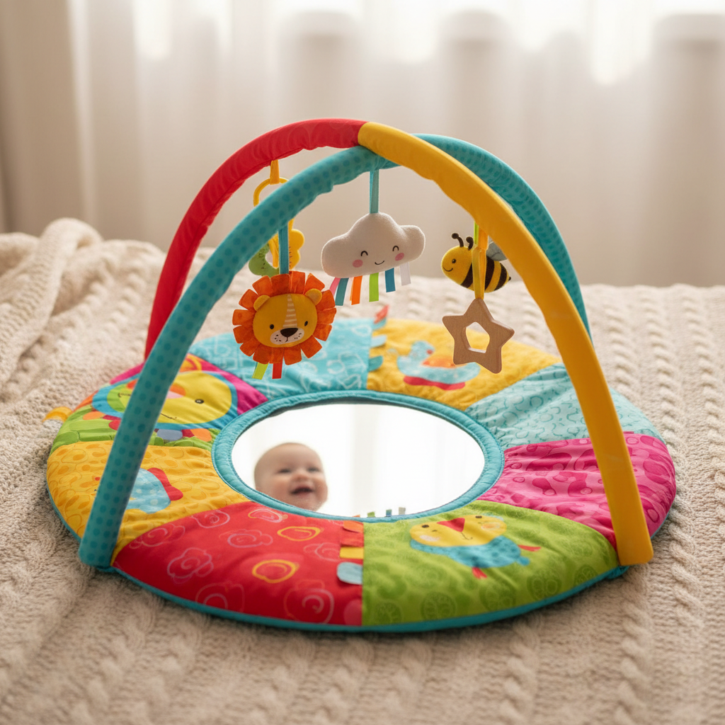 Colorful baby activity gym mat with hanging toys rattles and mirrors