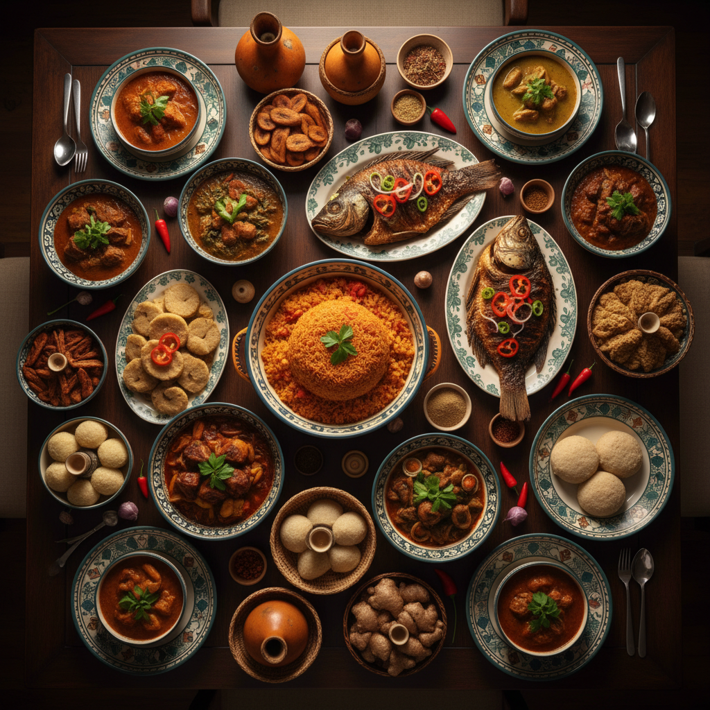 Overhead view of a West African feast spread across a dark wooden table, palm oil glistening