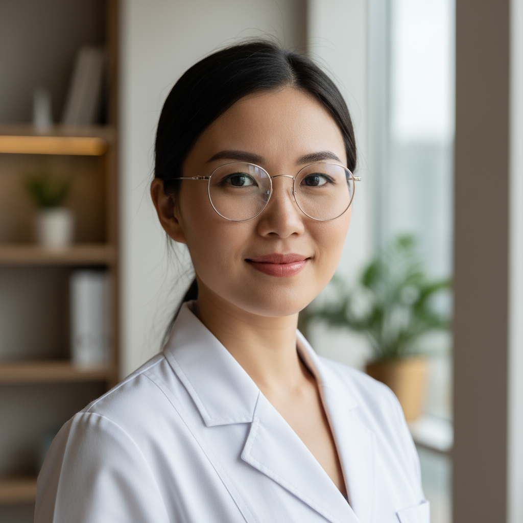 Professional Asian woman with glasses in white medical coat standing in hospital corridor