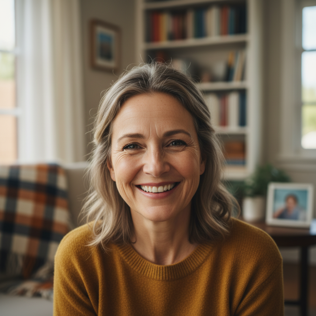 Smiling middle-aged woman with light brown hair in a bright home living room, natural light, warm atmosphere