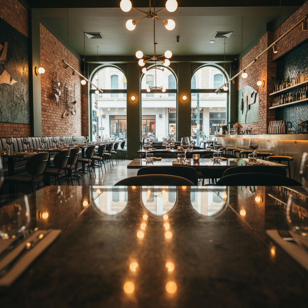Trendy Newtown restaurant with dark charcoal epoxy floor, dining tables reflected in smooth surface, warm ambient lighting creating sophisticated atmosphere