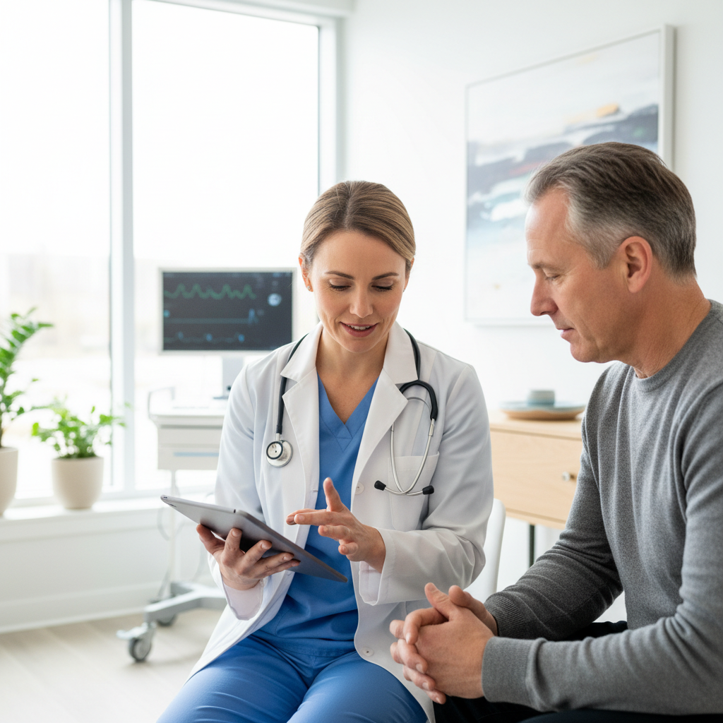 Medical professional in modern clinic discussing treatment plan with patient