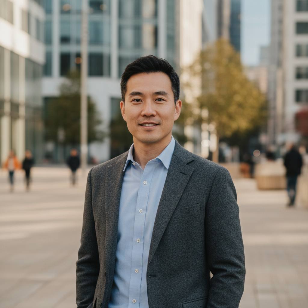 Korean-American businessman in a casual business setting
