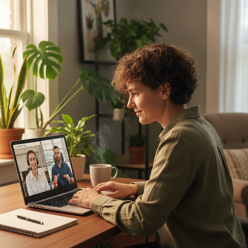 Professional video call coaching session on laptop screen, clean desk environment
