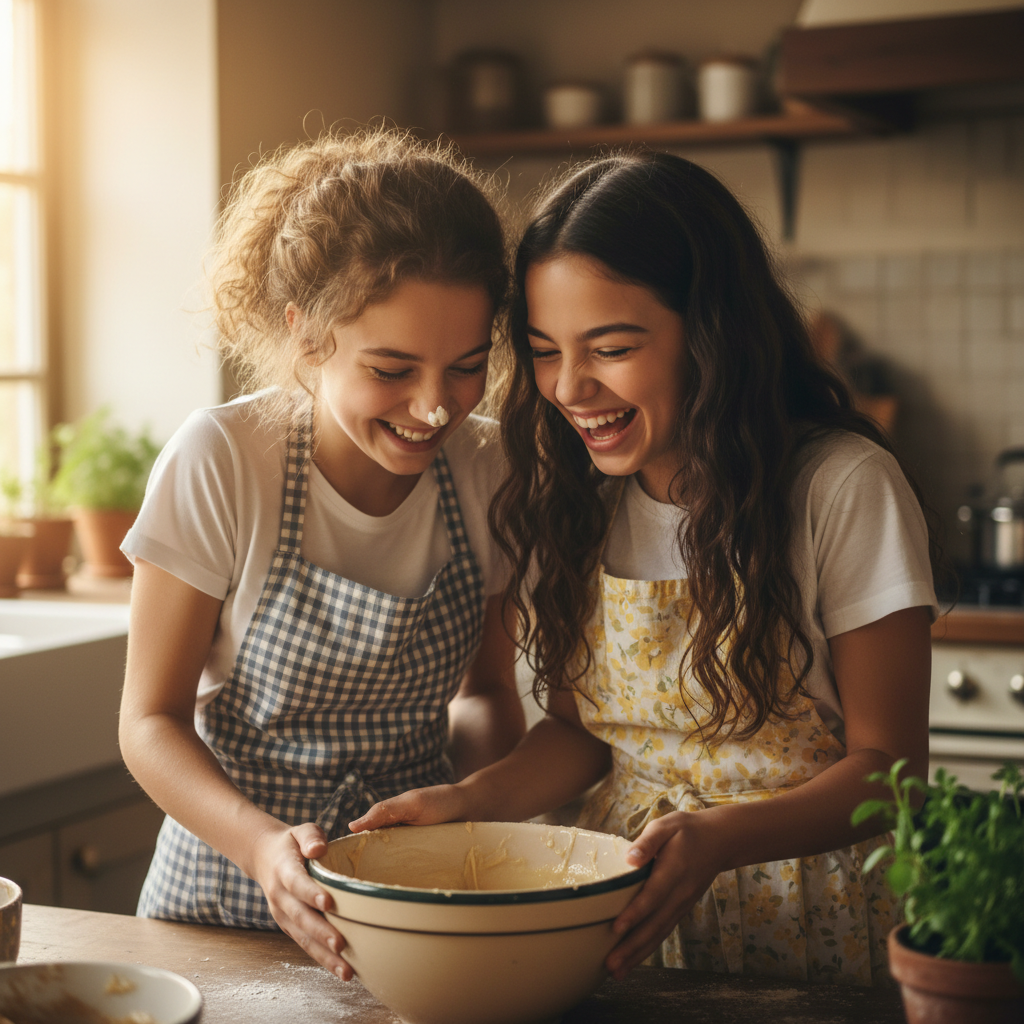 Two sisters laughing over a mixing bowl, one with batter on her nose, aprons tied