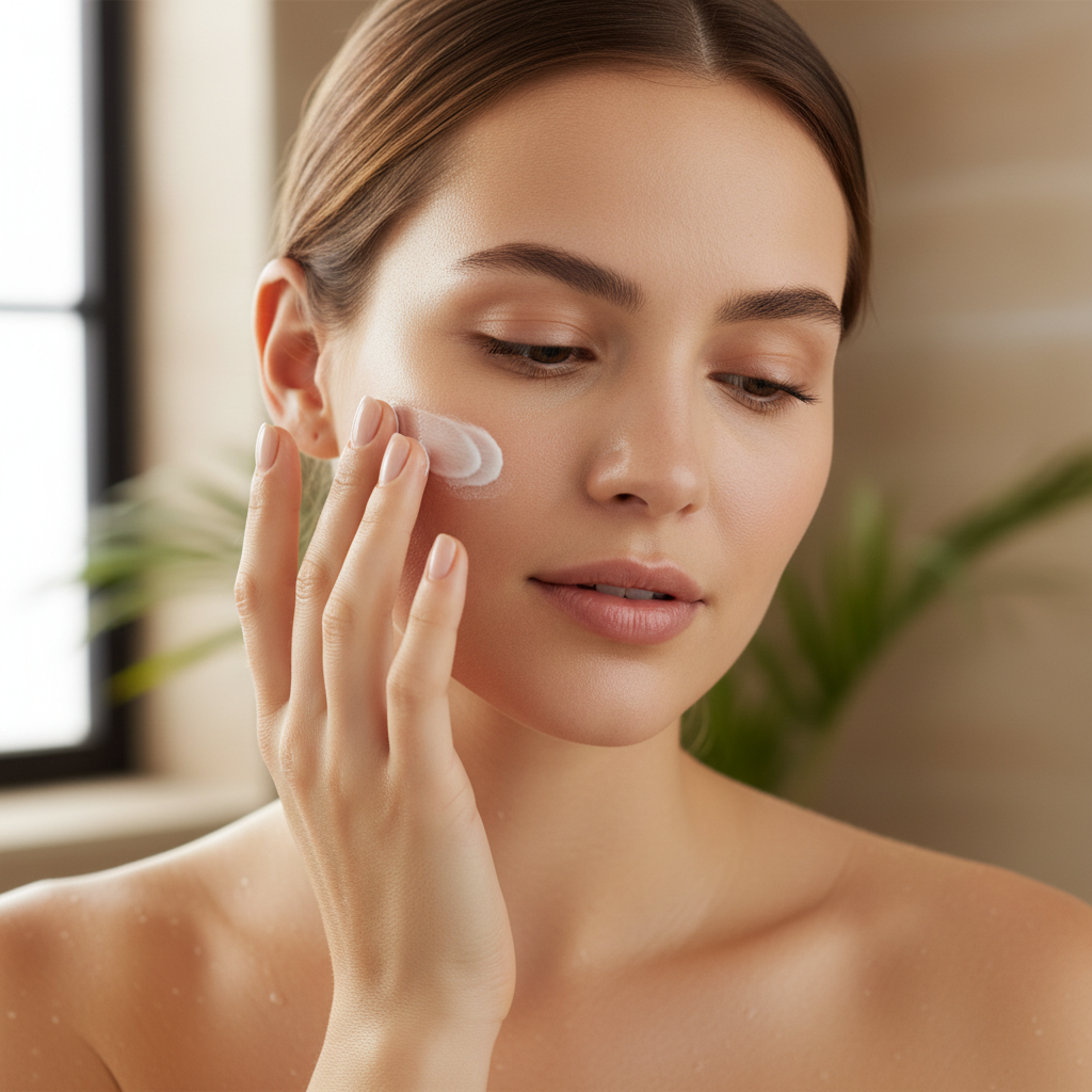 Woman applying skincare cream with clean white background, soft natural light