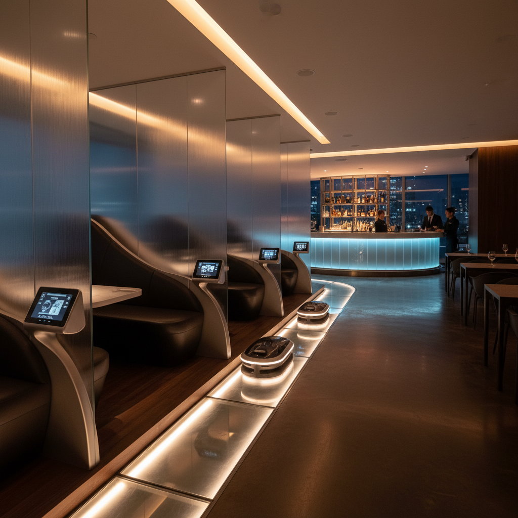 VIP Lounge - Private pod seating · dedicated server lanes · bar view