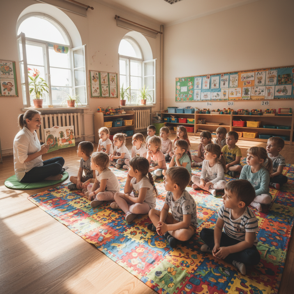 Young Indian children listening to a teacher reading a storybook in a colourful nursery classroom