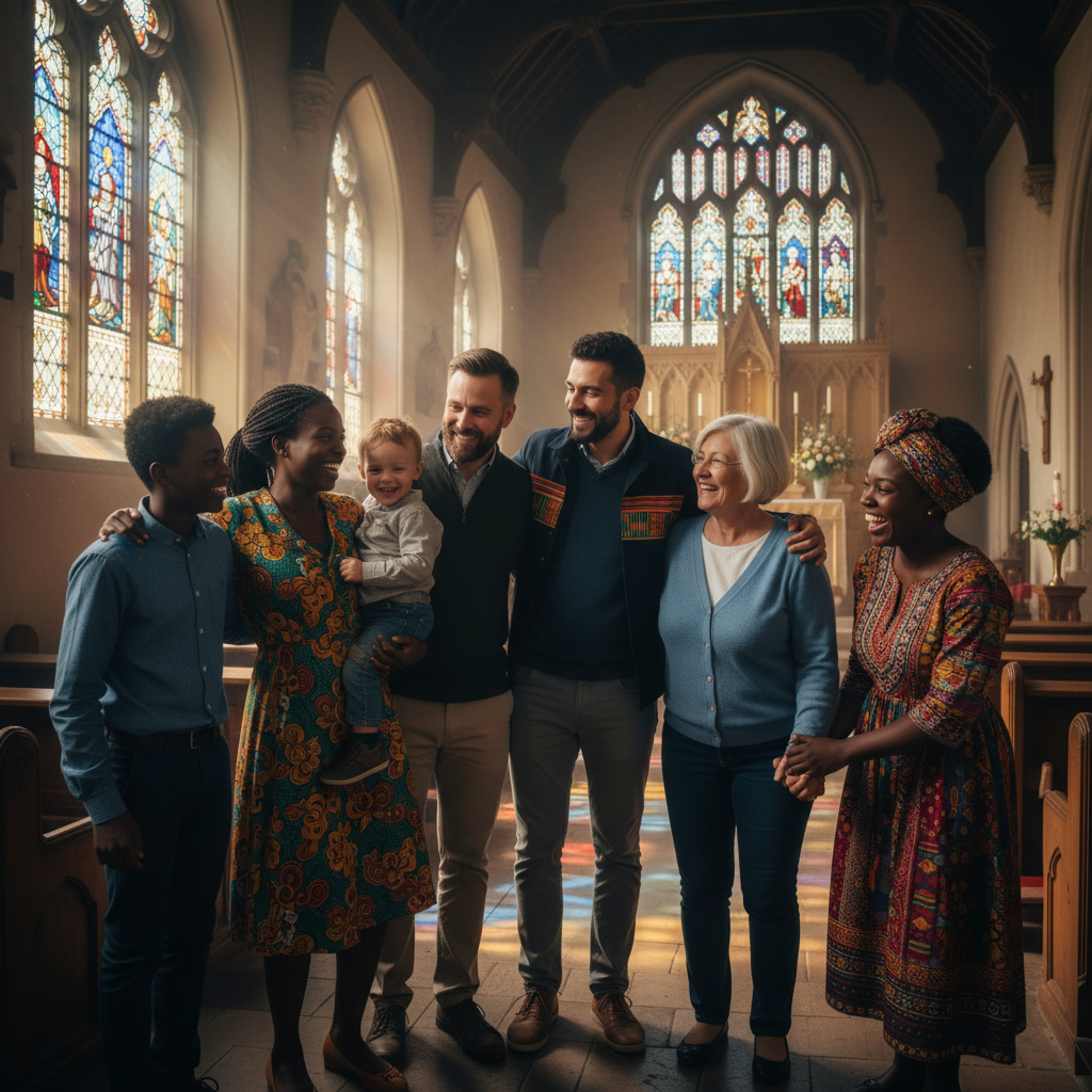 Happy multicultural family in church, African and European families together, welcoming warm atmosphere
