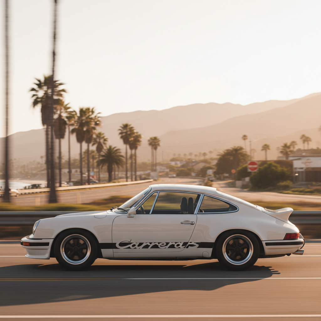 White 1973 Porsche 911 Carrera RS in dramatic side profile at golden hour