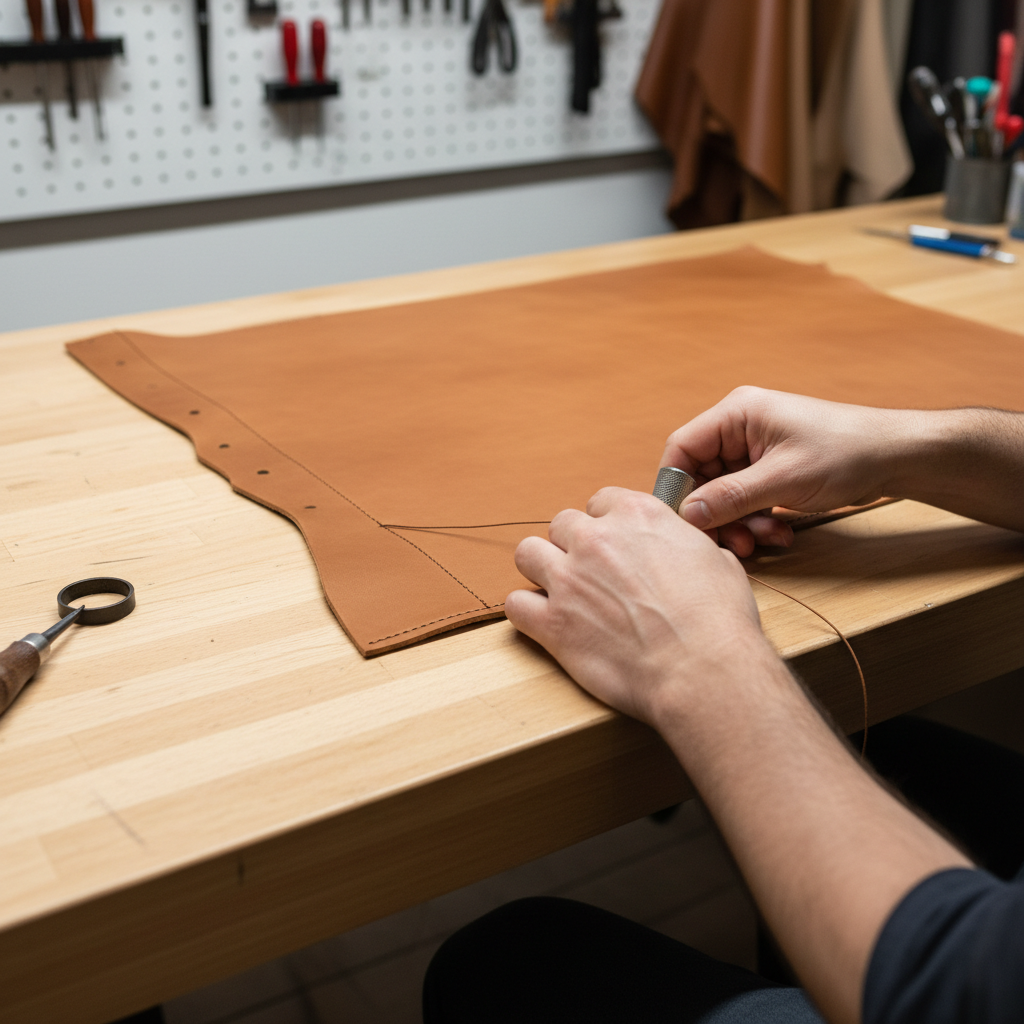 Master craftsman's hands stitching leather in a dark workshop, single light source, deep shadows, artisan detail photography