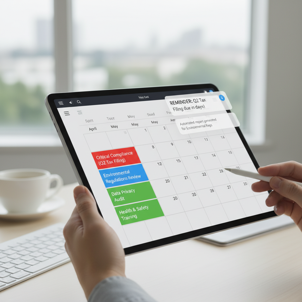 Annual compliance calendar template displayed on tablet with color-coded deadlines