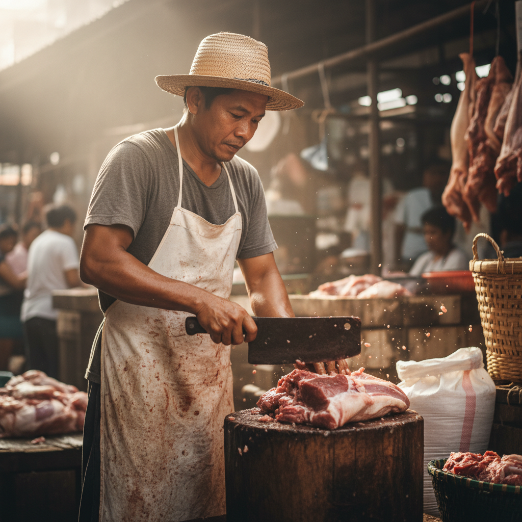 Filipino butcher in traditional white apron carefully cutting fresh pork using traditional tad-tad technique in local market