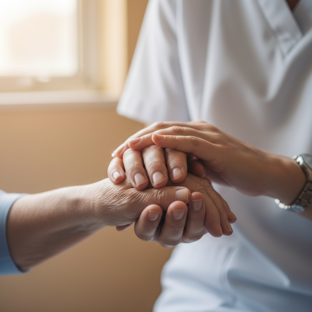 Elderly patient holding hands with a caregiver in a hospital room, warm light, compassion and human connection in medicine