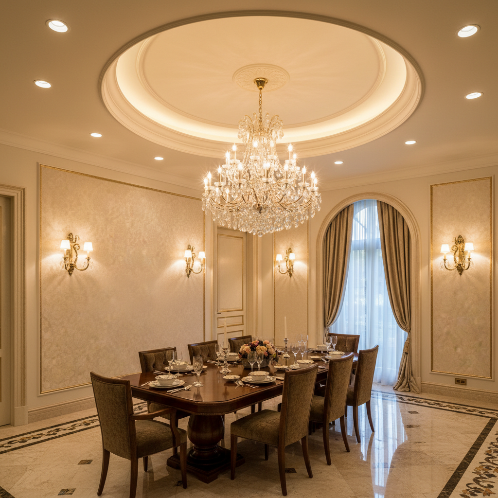 Elegant dining room with cohesive design, statement lighting, and inviting atmosphere