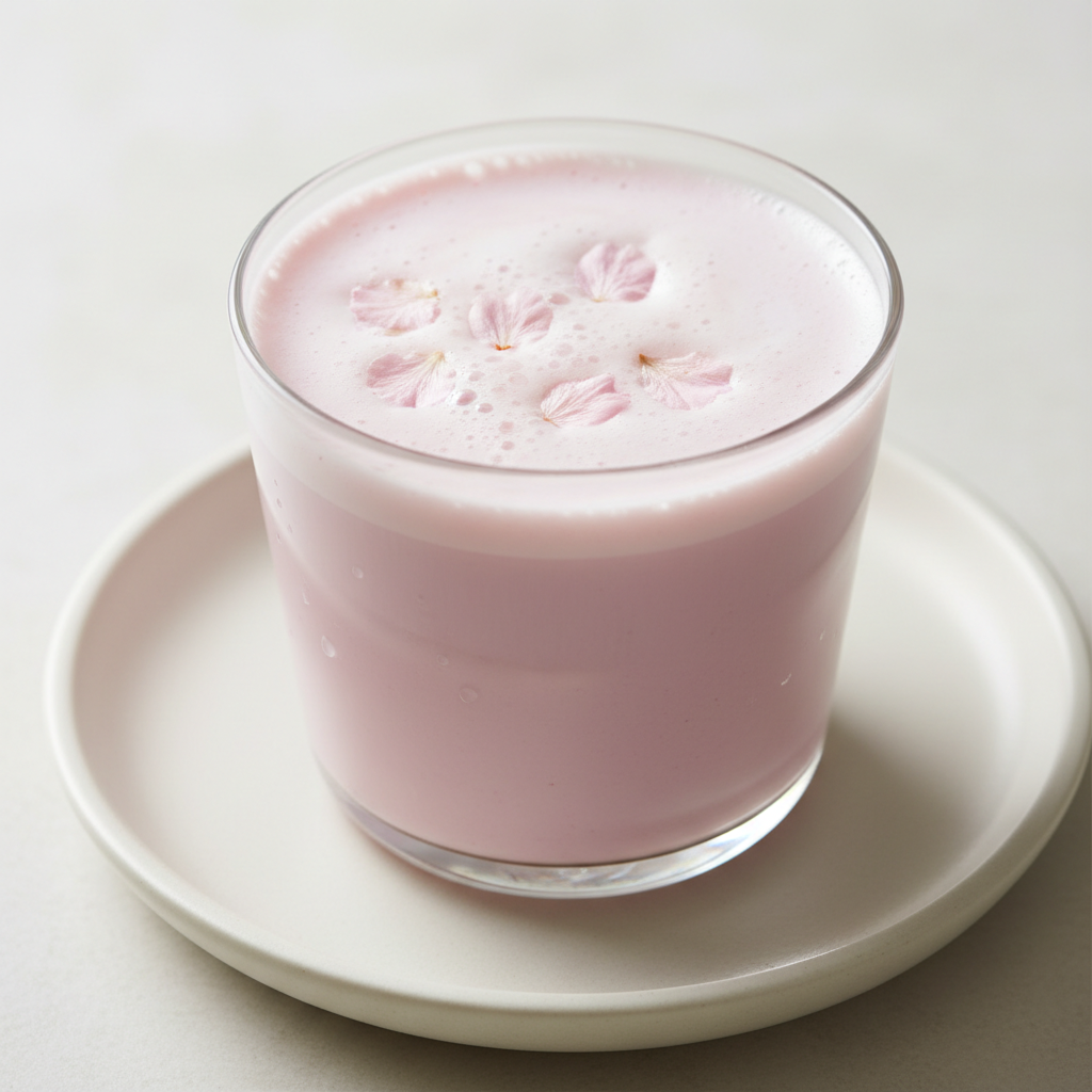 Sakura Matcha tea with green matcha layers and pink cherry blossom boba in a clear cup