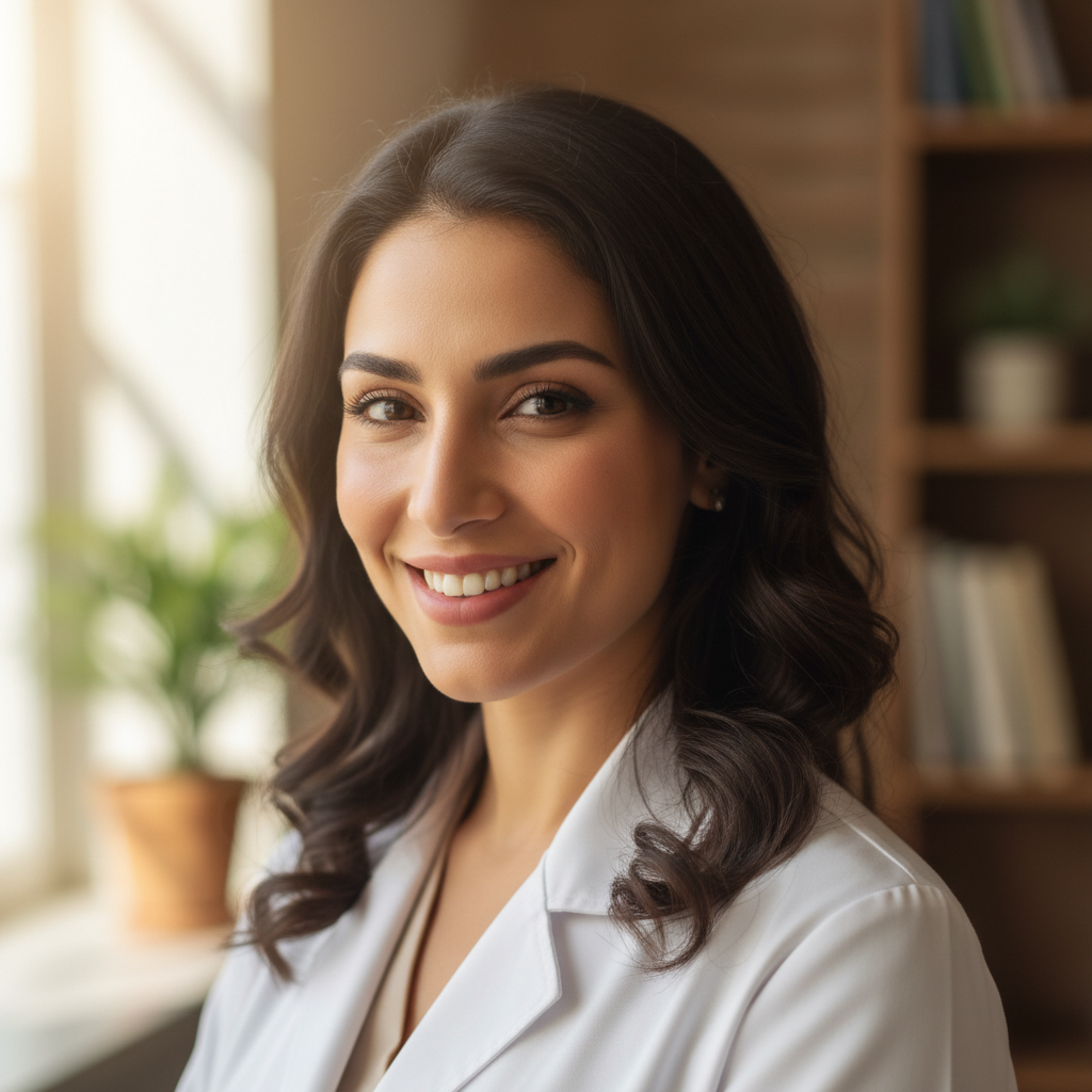 Professional headshot of Dr. Sarah Okonkwo, smiling female physician in white coat against neutral background