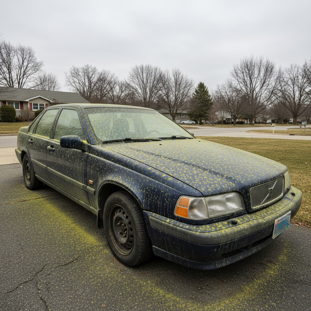 Car exterior covered in pollen haze, road grime, and dried water spots under flat overcast light