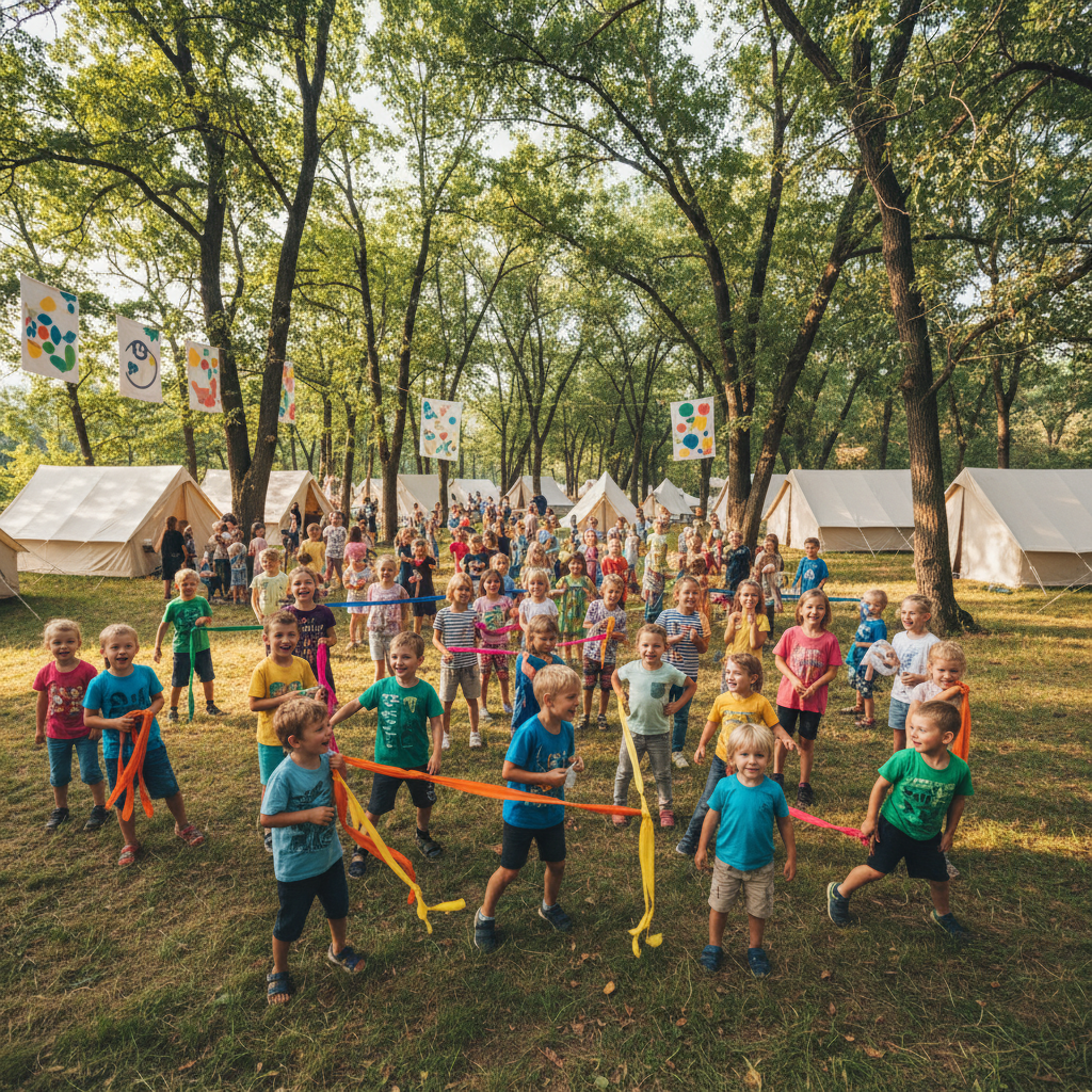 Young people at outdoor camp with mountains in background, joyful expressions