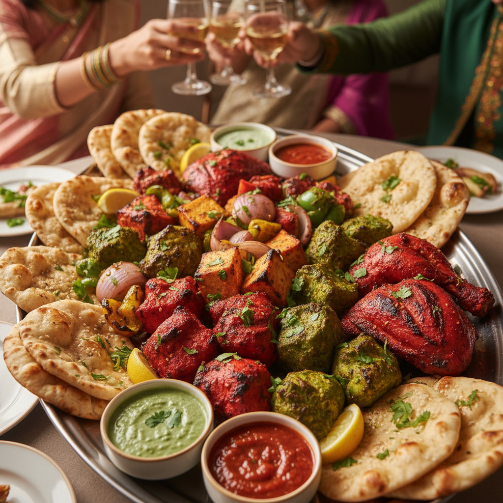 Large party platter of mixed tikka and tandoori dishes on a long steel tray with naan bread and chutneys for a group celebration